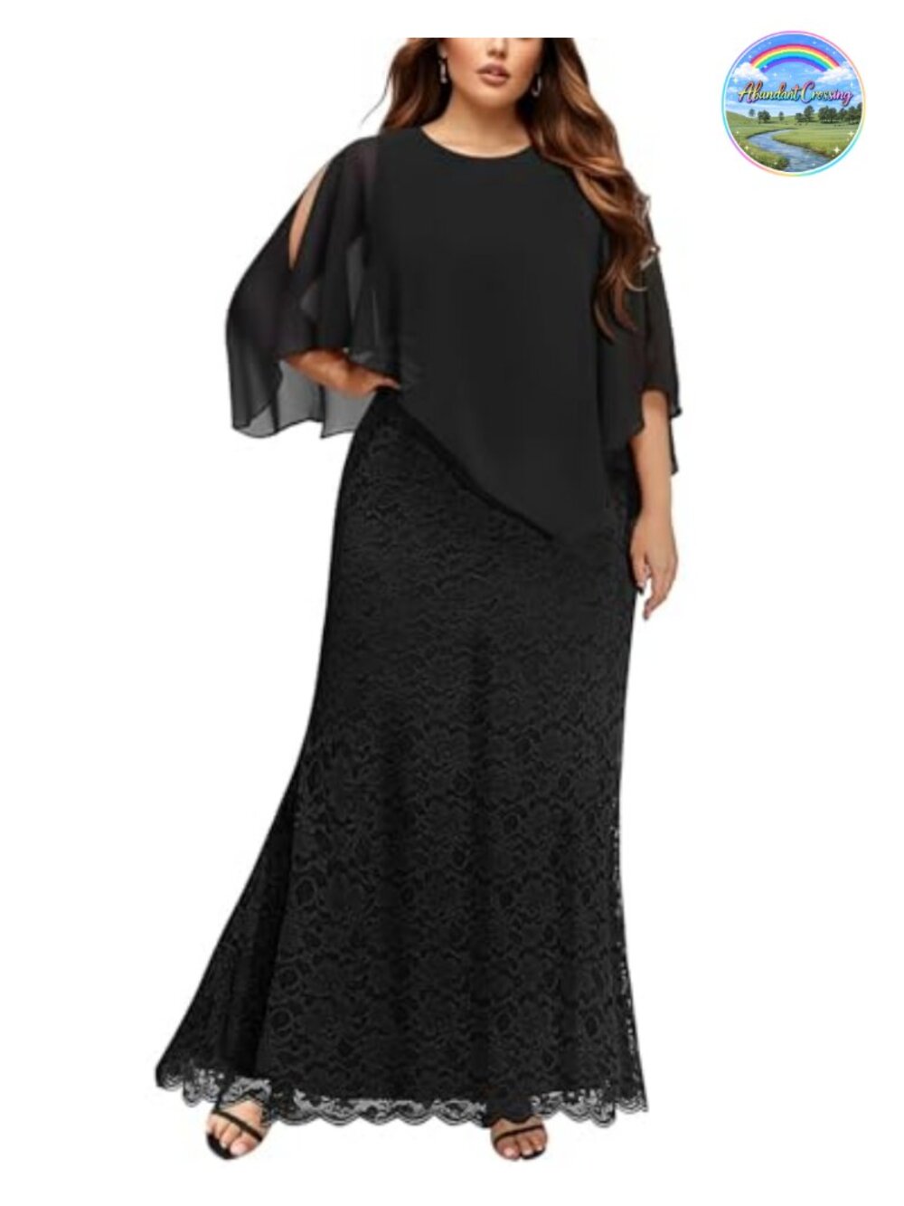 Formal Evening Gown Lace Mermaid Chiffon Cape Plus Size Maxi Dress
